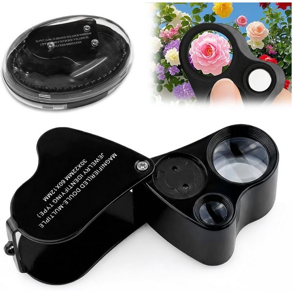 nsihing Lupenbrille Juwelier Lupe, 30X and 60X Vergrößerung, Metall Faltlupe mit LED, für Diamanten, Edelsteine, Schmuck, Briefmarken, Münzen