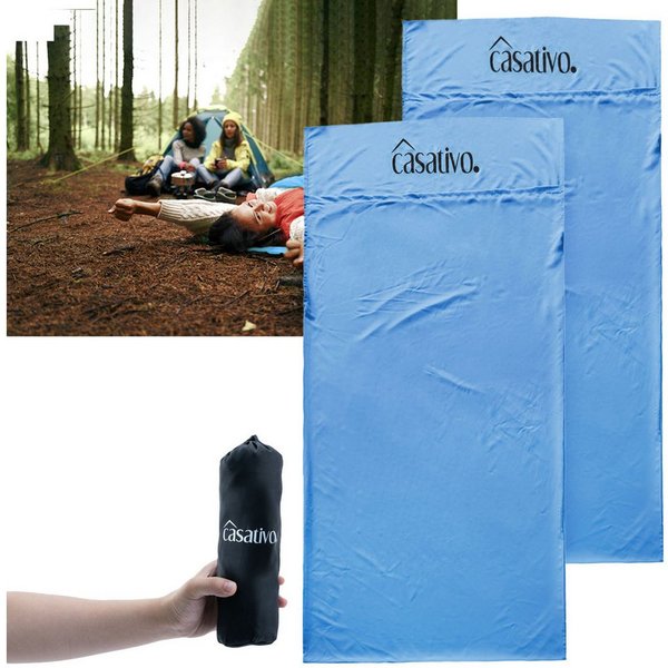 Casativo Hüttenschlafsack Ultraleicht Hüttenschlafsack aus atmungsaktiven Mikrofasern 200g Blau (2 tlg), Kissenfach & Transporthülle, 210x75 cm, Packmaß (6x25 c