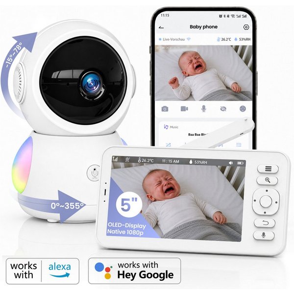 Whraills Babyphone Babyphone mit 3K 5MP Kamera, 5 Zoll 1080P OLED, Nachtsicht und App, Gegensprechfunktion, Schlaflieder, Schallerkennung, Datenschutz, Weinen-E