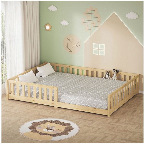 ML-DESIGN Spielbett Bodenbett Holzbett mit Lattenrost & Rausfallschutz Jugendbett Babybett, Abenteuerbett 140x200cm Natur Kinderbett Bettgestell ohne Matratze