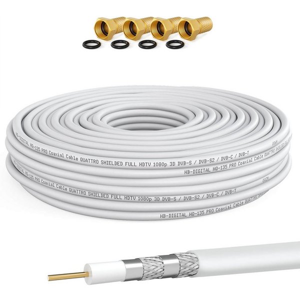 HB-DIGITAL Koaxialkabel 15m HQ 135dB 4-Fach geschirmt Stahl Kupfer 4x F Stecker SAT-Kabel, F Stecker, (1500 cm), UV- Wasser und Temperaturbeständig