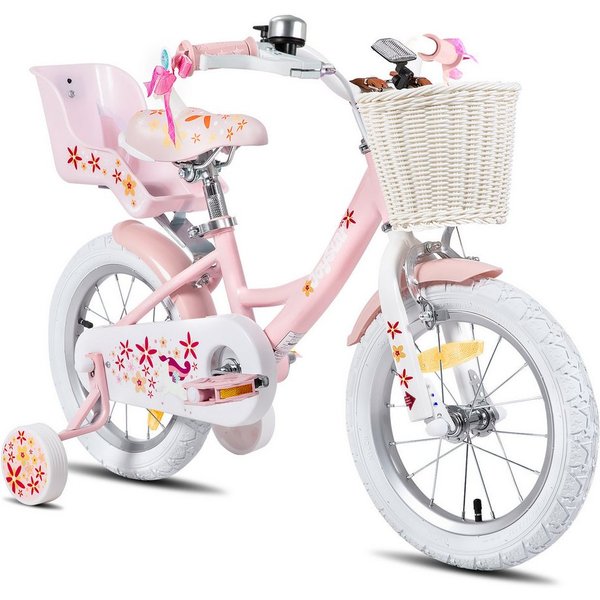 JOYSTAR Kinderfahrrad 12 14 16 18 Zoll Mädchenfahrrad, 2-9 Jahre, Geschenk für Prinzessin, 1 Gang, Puppenradsitz & Stützrädern& Korbstreamer, 18 Zoll mit Stützr