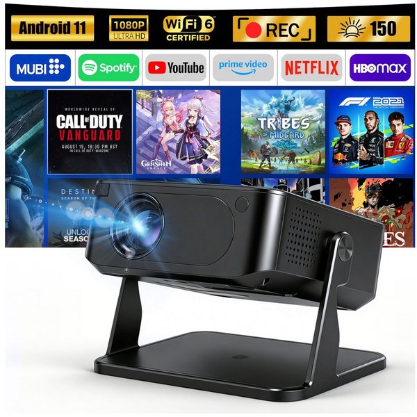OYLCDI Android Beamer WiFi6 & BT 5.0 Portabler Projektor Mini Beamer LCD-Beamer (1280x720dpi px, interner Lautsprecher, Android 11.0 mit über 7.000 Apps)