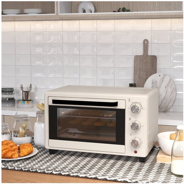 HOMCOM Minibackofen Backofen 21 L 1400W 100-230℃ Pizza-Ofen mit Backblech Grillrost, zum Grillen, Backen, Toasten, Cremeweiß