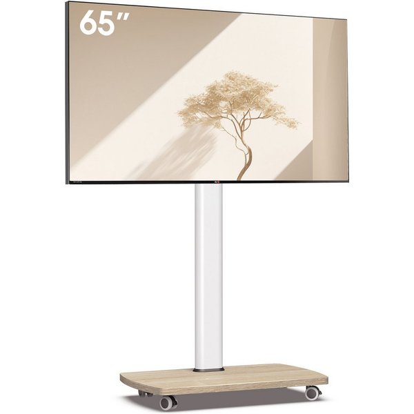 AOKCOS TV-Ständer mit Rollen, höhenverstellbar, ±30° schwenkbar, 32-65 Zoll, (bis 65 Zoll, mit Holz-Bodenplatte, -2° bis +10° neigbar)