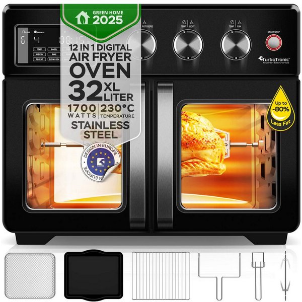 TurboTronic by Z-Line Minibackofen 1700 W, 32 l Mini Backofen mit Airfryer, Umluft, Drehspieß, Pizzaofen, Tischbackofen, kleiner Backofen, Heißluftfritteuse, To
