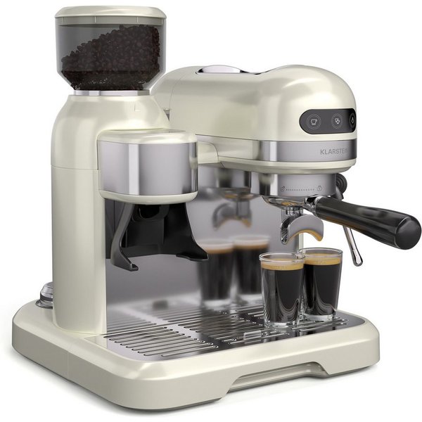 Klarstein Espressomaschine Bella Café Espresso Vintage Mahlwerk 19 bar 1550W 200g 2 Tassen Milch, 1.4l Kaffeekanne, Edelstahl-Siebträger, Kaffeebereiter mit Keg