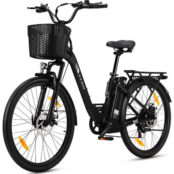 TTGO E-Bike Cityrad 26 Zoll Elektrofahrrad, 80-120km, mit Frontkorb und Gepäckträger, 7 Gang SHIMANO, Kettenschaltung, Heckmotor, 650 Wh, (bis zu 125kg, für ca.