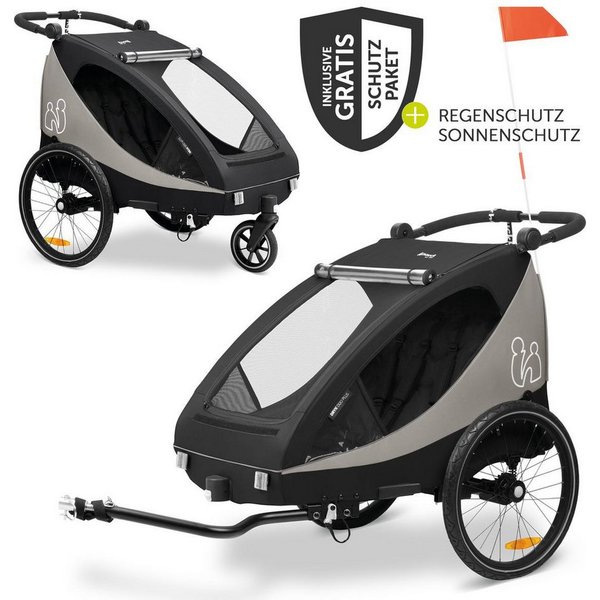 Hauck Fahrradkinderanhänger Dryk Duo Plus - Black, Fahrradanhänger Buggy für 2 Kinder mit Regen-& Sonnenschutz bis 44 kg