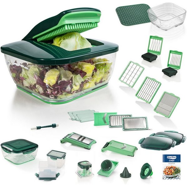 Genius Gemüseschneider Nicer Dicer Chef 34 Teile, Glasschüssel 2.8l, 13 Einsätzen, Würfel, Stifte, Streifen, Scheiben