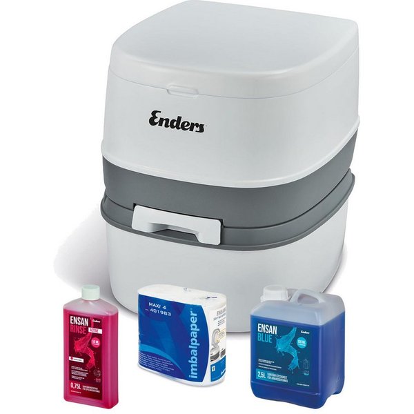 Enders® Campingtoilette Supreme Blue Set, (Spar-Set, 0,75L RINSE + 2,5L BLUE + 4 Rollen selbstauflösendes Toilettenpapier), integrierter Papierhalter, Belüftung