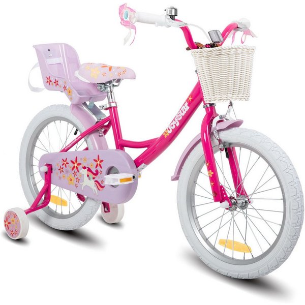JOYSTAR Kinderfahrrad 12 14 16 18 Zoll Mädchenfahrrad, 2-9 Jahre, Geschenk für Prinzessin, 1 Gang, Puppenradsitz & Stützrädern& Korbstreamer, 18 Zoll mit Stützr