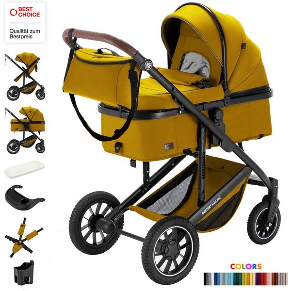 Daliya® Kombi-Kinderwagen FLEXI-PRO M 2in1 Kinderwagen & Buggy, Reisekinderwagen, XXL Set, (10-tlg), Einhändig abnehmbare Wanne, Alu-Rahmen, Gummireifen, Gurte,