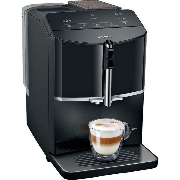 SIEMENS Kaffeevollautomat EQ300 TF301E19, viele Kaffeespezialitäten, OneTouch-Funktion, Milchaufschäumer, Keramikmahlwerk, klavierlack schwarz