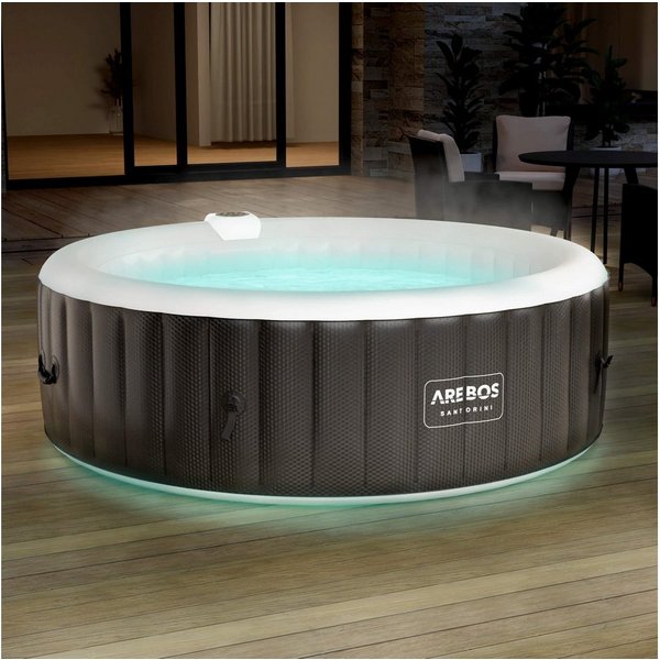 Arebos Whirlpool SANTORINI aufblasbar für bis zu 6 Personen mit 130 Massagedüsen, (Komplett-Set, mit LED-Beleuchtung, 208 x 208 cm), für Outdoor & Indoor