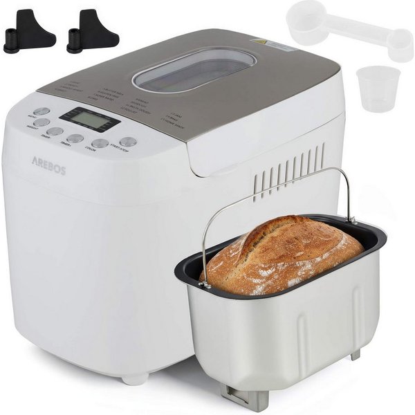Arebos Brotbackautomat, mit 15 Programmen, 2 Knethaken, Timer, LCD Display, 15 Programme, 850 W, 3 Brotgrößen (1000/1250/1500 g)
