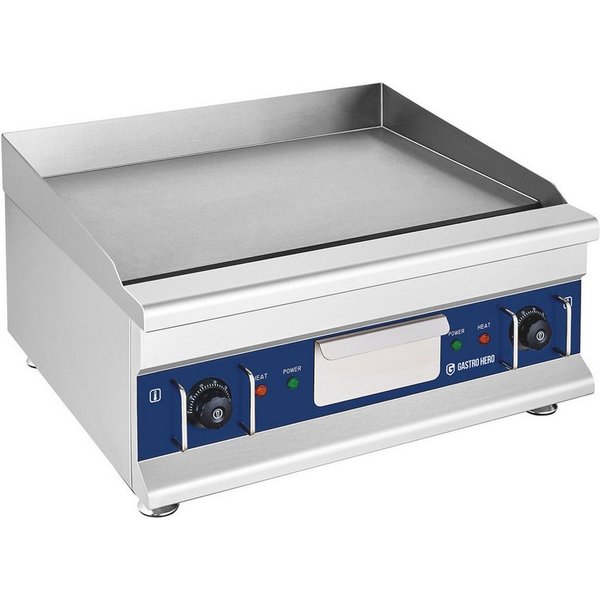GastroHero Elektrogrill Elektro Grillplatte glatt 600 mm 5 kW Tischgerät Edelstahl, Fettfangrinne, Spritzschutz, frontseitige Bedienelemente