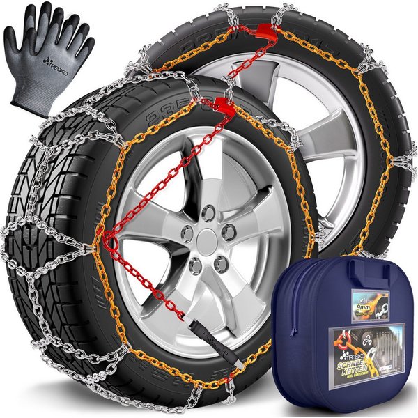TRESKO Schneeketten TRESKO® 2x Schneeketten Auto inkl. Handschuhe und Aufbewahrungsbox, (PKW Metall Reifenketten EN 16662-1 & ÖNORM V5117, Schneekette für Front