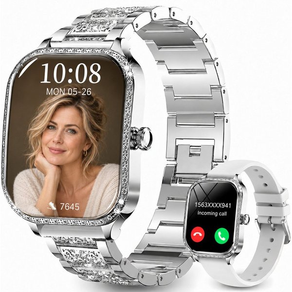 Fyrove Fitnessuhr Damen, Sportuhr, Aktivitätstracker Smartwatch (4,45 cm), Bluetooth-Armbanduhr mit Telefonfunktion, Damen Uhr für Fitness, 2 Armbänder, persona