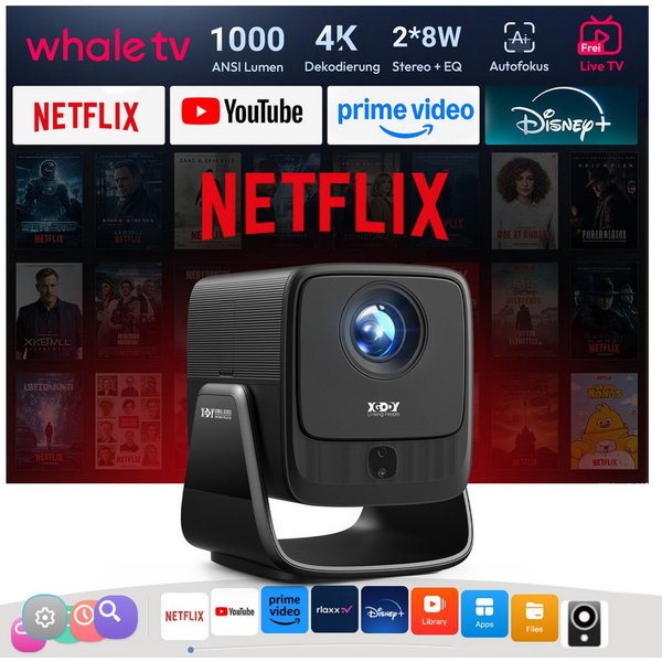 XGODY N7 Beamer 4K Mit Netflix Zertifizierung AutoFokus Heimkino 1080P LCD-Beamer (1000 lm, 2500:1, 3840 x 2160(1000 ANSI) px, WiFi Bluetooth Video Projektor fü