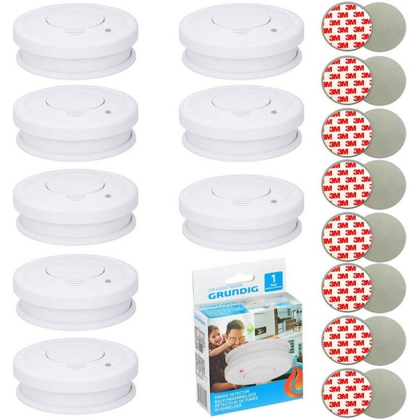 Grundig 8x Rauchmelder 85dB Inkl. 9V Batterie + 3M Klebepad Set Feuermelder Rauchmelder (inklusive Montagematerial und Anleitung)
