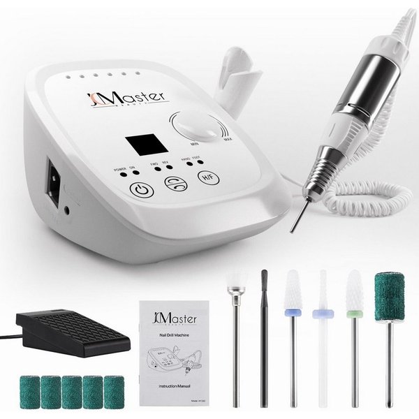 JCMaster Maniküre-Pediküre-Set Nagelfräser Profi 35.000 U/Min, inkl 6x Bits, elektrische Nagelfeile für Gelnägel Acrylnägel, mit Fußpedal