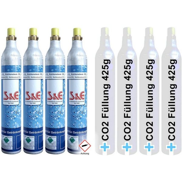 BlueCraft CO₂-Zylinder CO2-Kartusche Soda 425g für je bis zu 60 Liter Sprudel Wasser, 4 St., abgefüllt in Deutschland - geeignet für SodaStream Wassersprudler
