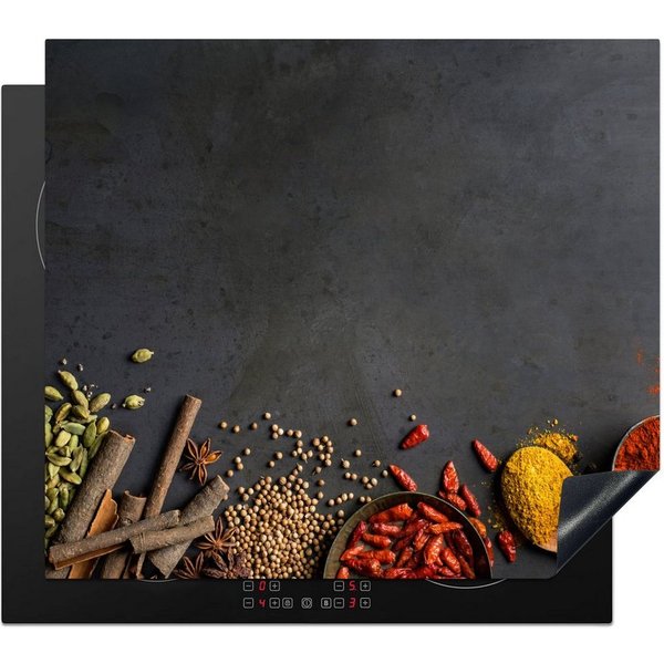 MuchoWow Herd-Abdeckplatte Kräuter - Lebensmittel - Gewürze - Schwarz - Paprika - Zimt, Vinyl, (1 tlg), Küche Herdabdeckplatte Ceranfeld Vinyl Einteilig, 59x52 