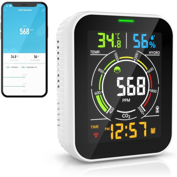 Brandson Raumluft-Qualitätssensor CO2-Messgerät, Luftqualitätsprüfer WLAN, App, Kohlenstoffdioxid Sensor, (1-St), CO2 Melder, Raumluft Lüftungsempfehlung, Tempe
