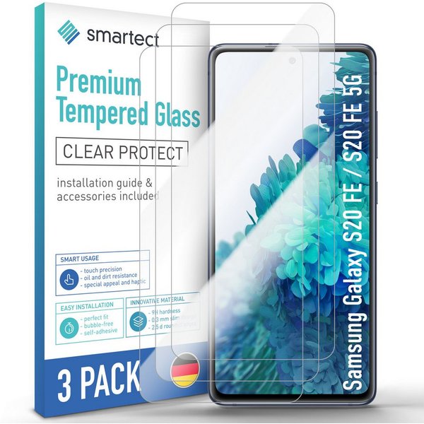 smartect Displayschutzglas 3X Schutzglas Panzerfolie Klar für Samsung Galaxy S20 FE für Samsung Galaxy S20 FE, Set, 3 Stück, Anti-Fingerabdruck, 9H Härte, kratz