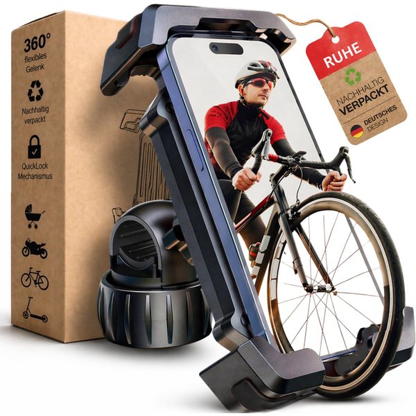 RUHE Handy-Halterung Fahrrad Handyhalterung Motorrad Kinderwagen E-Scooter mit Stoßdämpfer, (bis 8 Zoll, 360° Drehbar EXTREM FEST freie Tasten kompatibel mit iP