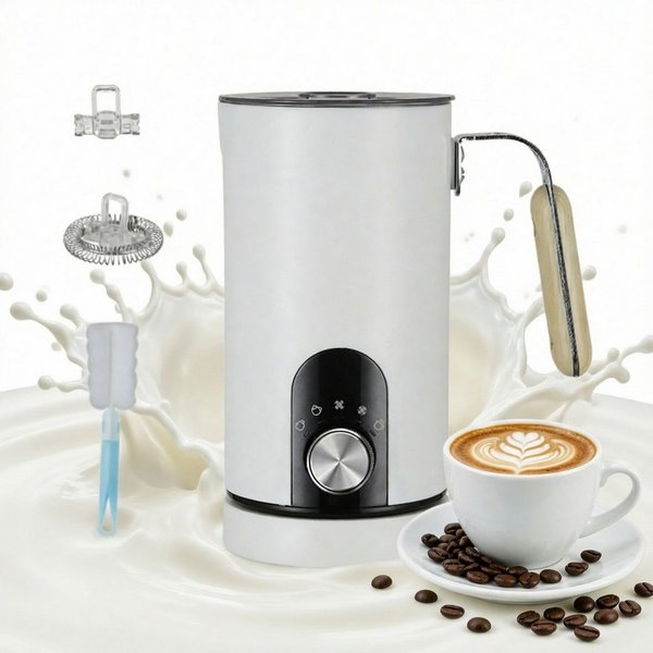 BBG Milchaufschäumer Elektrischer Milchaufschäumer mit Drehknopf, 5 Modi, Heiß & Kalt, 500 W, 350ml Milch erhitzen, 150ml Milchschaum, Leise 30dB
