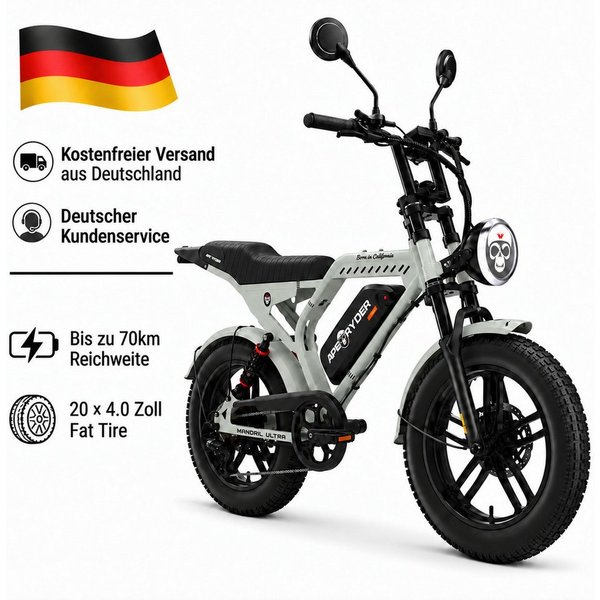 APE RYDER E-Bike Mountainbike 20 Zoll Fatbike 48V 15Ah Akku, bis 80 km, Shimano 7-Gang, hydraulisch, 7 Gang, Heckmotor, 720 Wh, (Packung)