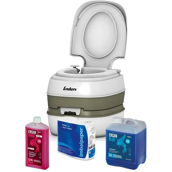 Enders® Campingtoilette Deluxe Blue Set, (Spar-Set, 0,75L RINSE + 2,5L BLUE + 4 Rollen selbstauflösendes Toilettenpapier), Kolbenpumpe, farbige Füllstandsanzeig