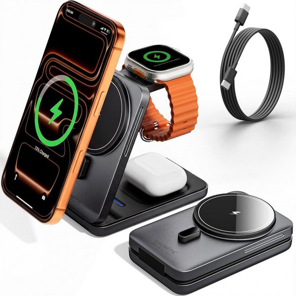GreenHec Ladestation 3in1 MagSafe iPhone Apple Watch Ladegerät Faltbar Wireless Charger (0 mA, Spar-Set, Wireless Charging Station + Kabel, 15W, Handy Charging 