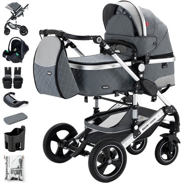 Daliya® Kombi-Kinderwagen BAMBIMO 3in1 Kinderwagen & Buggy mit Auto-Babyschale und Adapter, (XXL-Set inkl. Wickeltasche und Spieltisch, 15-tlg), Babyschale, Air