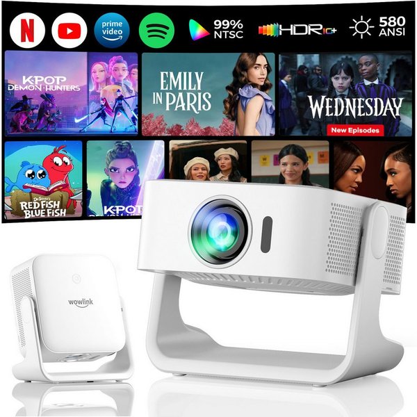 wowlink [Smart TV OS & HDR10+ & 3D Sound] 4K Beamer mit WiFi 6 Beamer (580 lm, 20000:1, 4K px, Bluetooth 5.4, Built-in Smart OS & Apps & Auto Focus & Keystone)