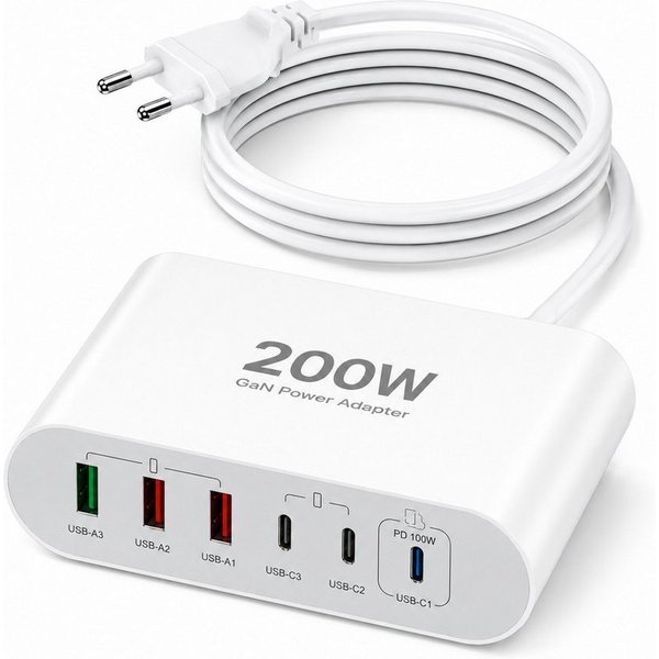 Vivitar 200W Ladegerät mit 6 Anschlüssen, GaN-Schnellladegerät, 100W USB-C-PD USB-Ladegerät (inklusive eines 1,5 m langen, abnehmbaren Verlängerungskabels, für 