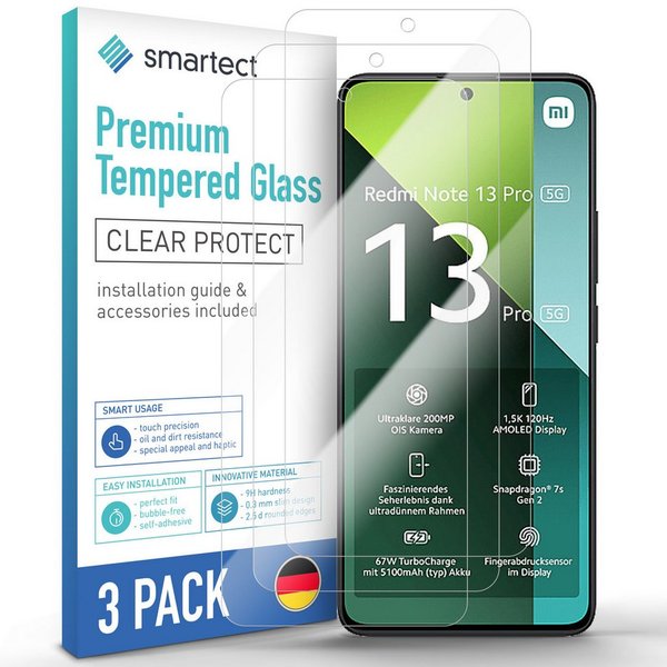 smartect Displayschutzglas 3X Schutzglas Panzerfolie Klar für Xiaomi Redmi Note 13 Pro 5G für Xiaomi Redmi Note 13 Pro 5G, Set, 3 Stück, 0.3 mm Ultra-klar, 9H H