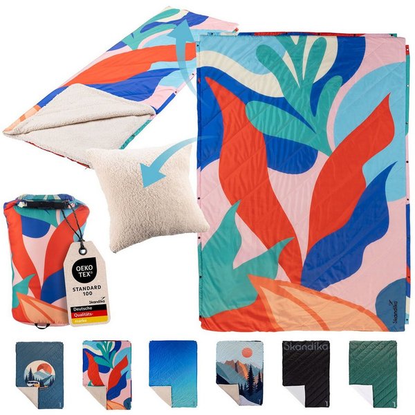 Skandika Deckenschlafsack Campingdecke Liva, 4-in-1, Outdoor Decke, 200x135cm, Überwurf, Kissen, mit Teddyfell Unterseite, Polyester, wasserdicht