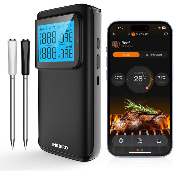 INKBIRD Bratenthermometer 2 Sonden mit 5 Sensoren BBQ Grill 5G WiFi, Schwarz, 2-tlg., 5G WiFi & Bluetooth, 25h Akkulaufzeit, Offline-Datenspeicherung