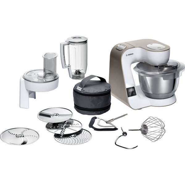 BOSCH Küchenmaschine Serie 4 MUM5XW20, integr. Waage, Durchlaufschnitzler, weiß/champagner, 1000 W, 3,9 l Schüssel, 4 Scheiben, Mixer, Edelstahlschüssel, Knetha