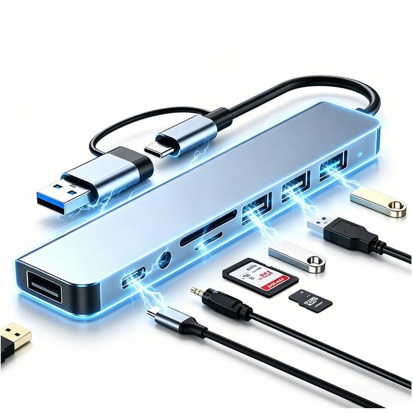 ibettertec USB C Hub, 8 in 1 USB Hub USB-Adapter 3.0 Multiport Adapter mit 1*USB 3.0 mit 5 Gbit/s zu 3*USB 2.0, 1*USB-C, 3.5mm Audio, SD/TF Kartenleser, USB C S