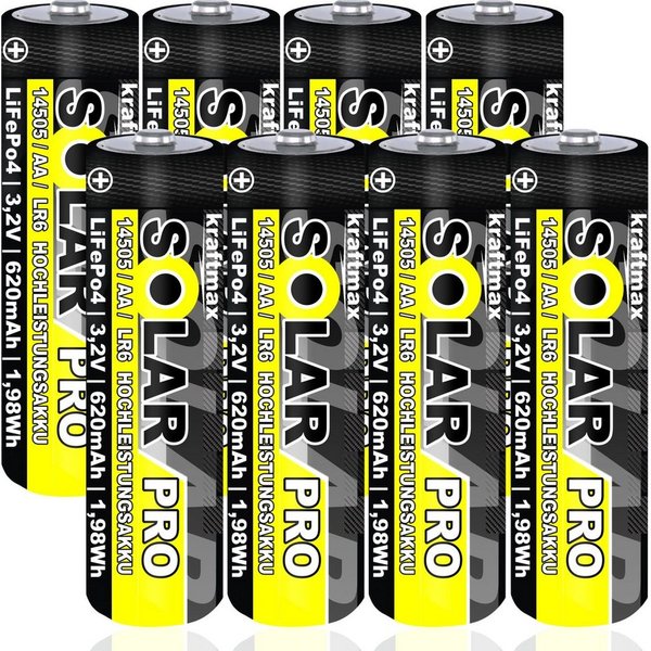 kraftmax 8 er Pack SOLAR pro Mignon AA Akkus - 3,2V / 1,92Wh / 14505 - LiFePo4 Akku Mignon AA 600 mAh (3,2V V, 1 St), Solar-kompatibel
