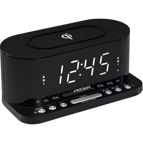 PEDEA Radiowecker mit QI-Ladepad – FM-Radio, dimmbares Display, Dual-Alarm & Snooze 2 Weckzeiten, LED-Bildschirm / perfekt für Schlafzimmer und Büro
