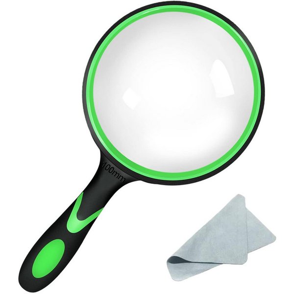 MOPUEA Handlupe Lupe 10 fach 100mm Große HandLupe Leselupe rutschfester Gummigriff, Leselupe Vergrößerungsglas großes Objektiv, erweitertes Sichtfeld, 1-tlg., R