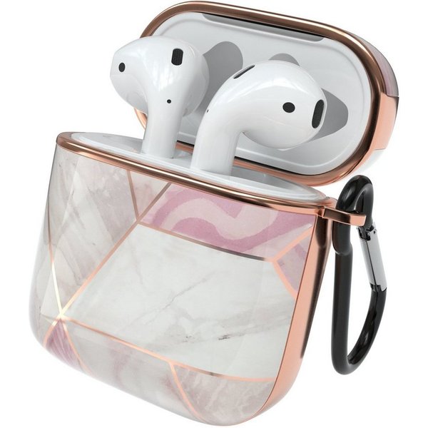EAZY CASE Kopfhörer-Schutzhülle IMD Motiv Case kompatibel mit Apple AirPods 1 & 2, Hardcover Stoßfest Fullcover Bumper mit Handschlaufe Rosa / Roségold