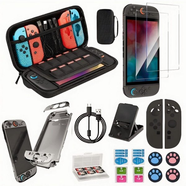 Fyrove Nintendo-Schutzhülle 14-in-1 Zubehörset für Nintendo Switch 2,Tragetasche mit 9H Schutzglas, transparenter PC-Hülle, TPU-Controllerhüllen, Ständer & Kart