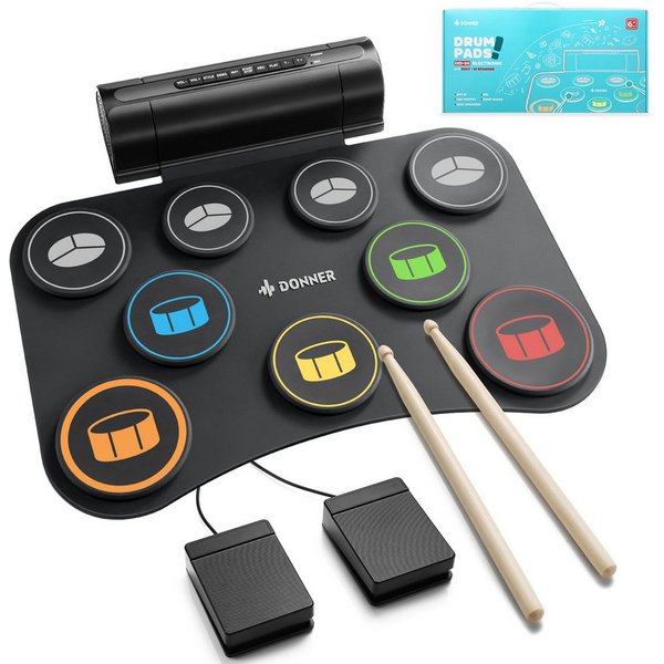 Donner E-Drum Elektrisches Drumpad Elektronisches Drumset mit 9 Pads DED-20(SE),Set, Netzteil USB-Datenkabel 3,5-mm-Audiosticks 2 Pedale, Eingebauter Lautsprech