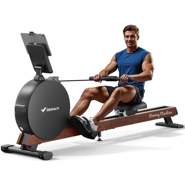 MERACH Rudergerät Echtholz Rudergerät, 60kg Magnet, Selbstversorgend, Profi-Heimtrainer (Doppelschienen-System,Massivholz-Rudermaschine, HD LED Anzeige, 1-tlg.,